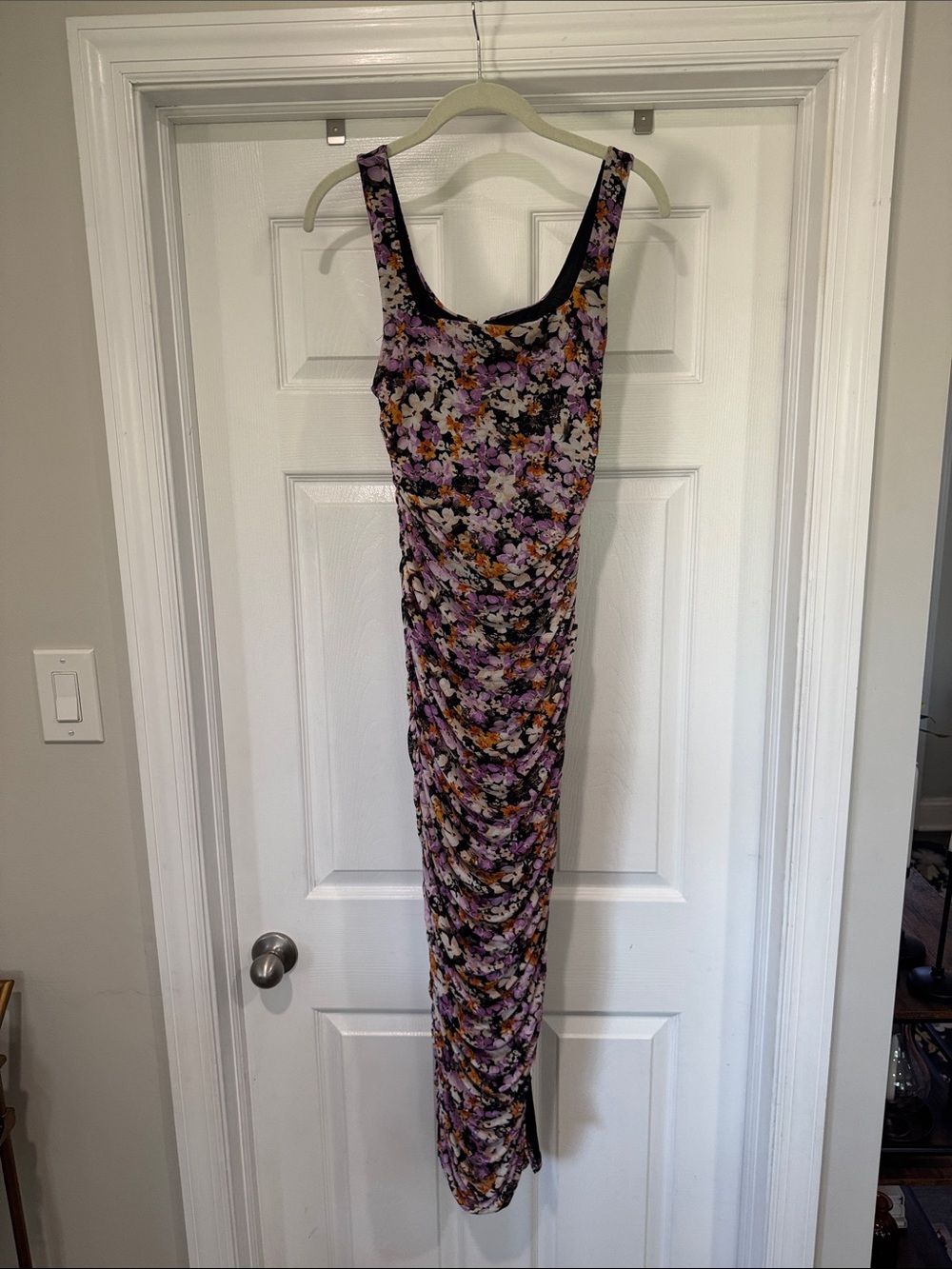 Lulu's Purple Floral Ruched Maxi Dress with Yellow Accents